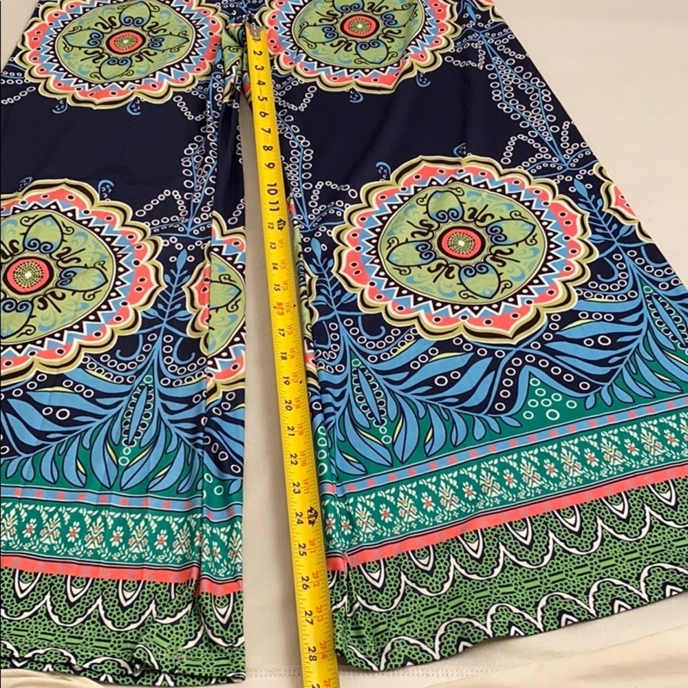Multicolor navy blue pattern stretch palazzo pants L - Picture 8 of 10